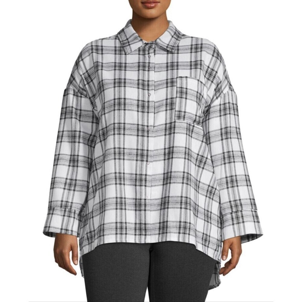 Molly Bracken Gabrielle Long Sleeve Button Shirt Off White Plaid Plus Size 2X